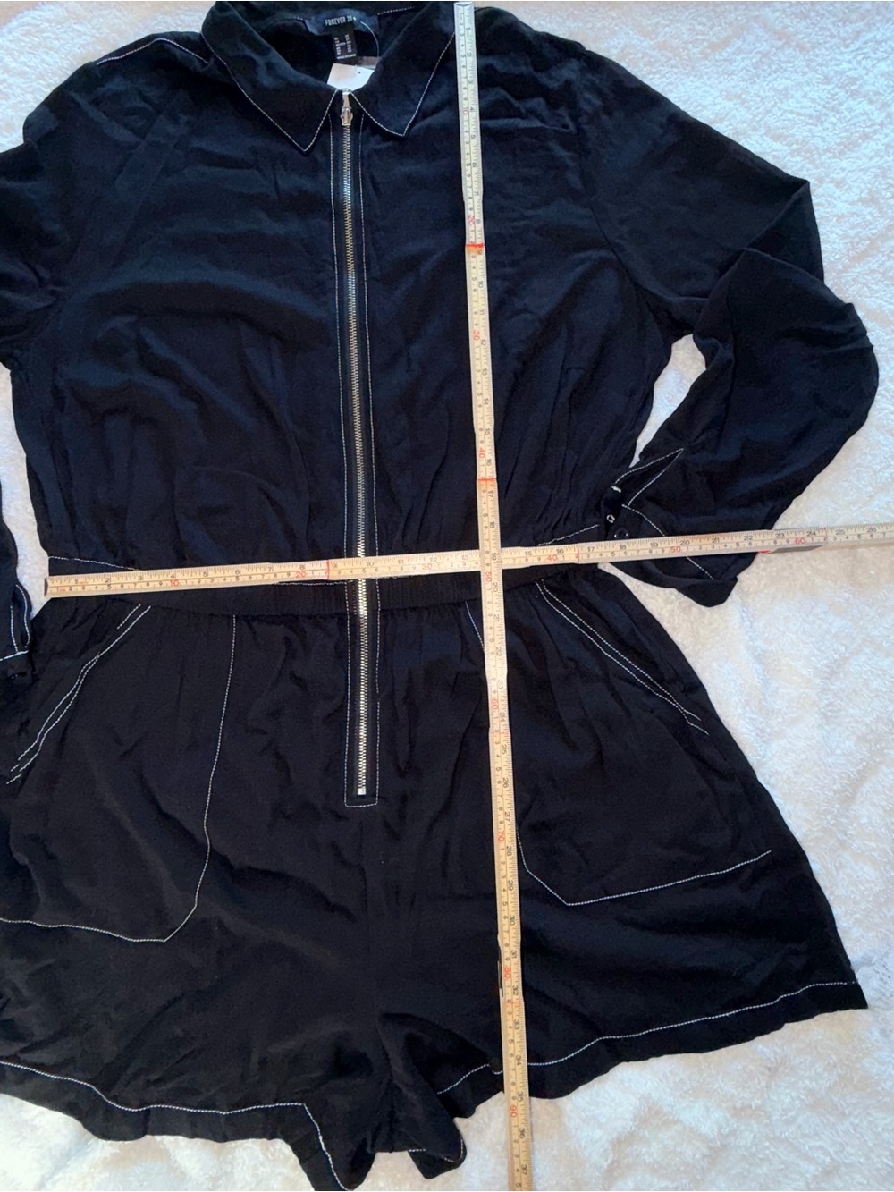 Forever 21+ Black Long-Sleeve Zip Romper with White Contrast Stitching - Picture 11 of 12